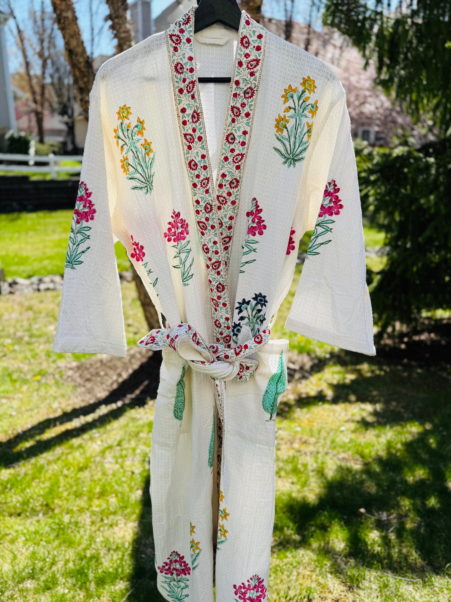 House of Mulmul - Cotton Bathrobe, Waffle weave robe with floral patterns.