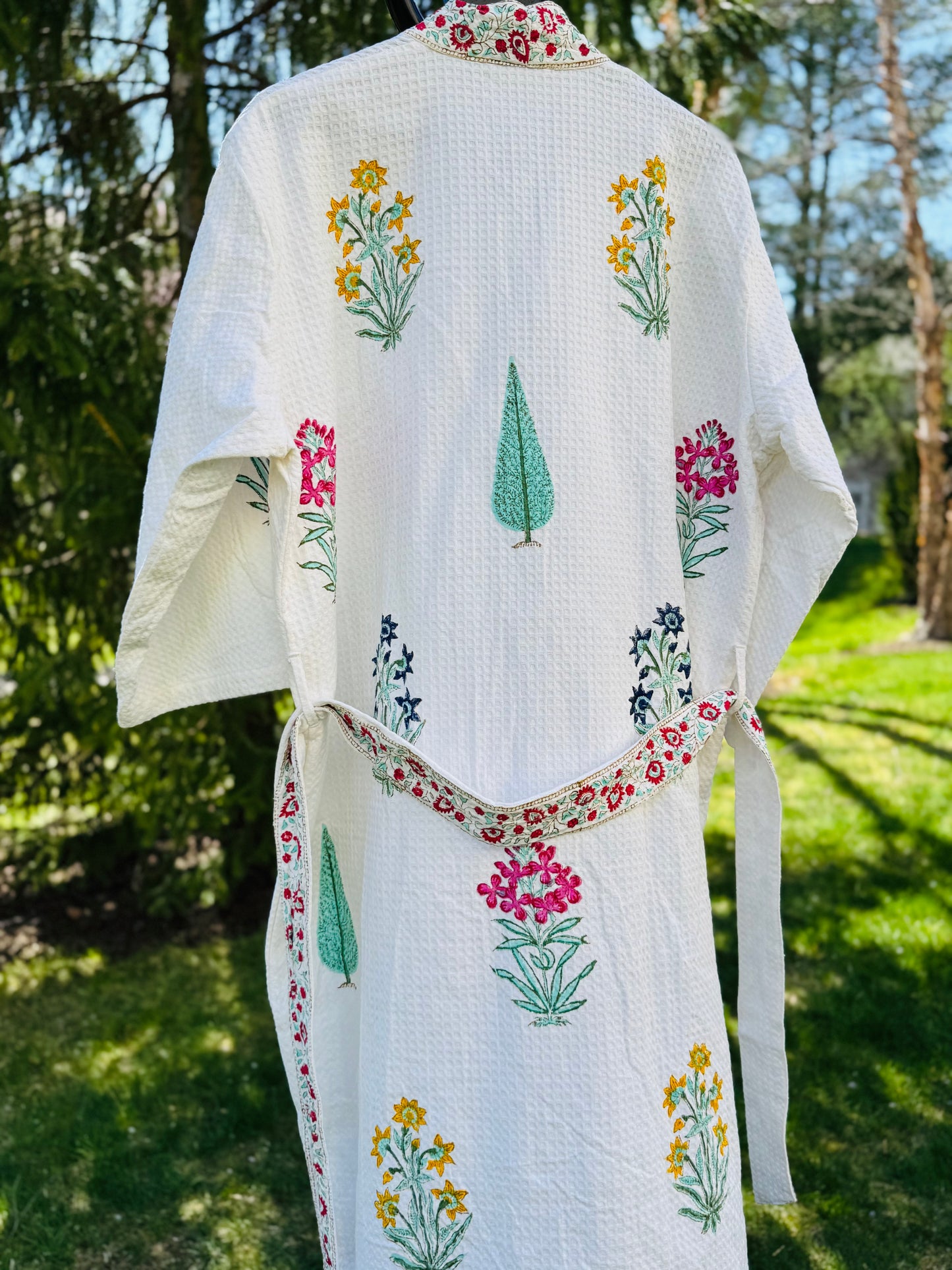 House of Mulmul - Cotton Bathrobe, Waffle weave robe with floral patterns.