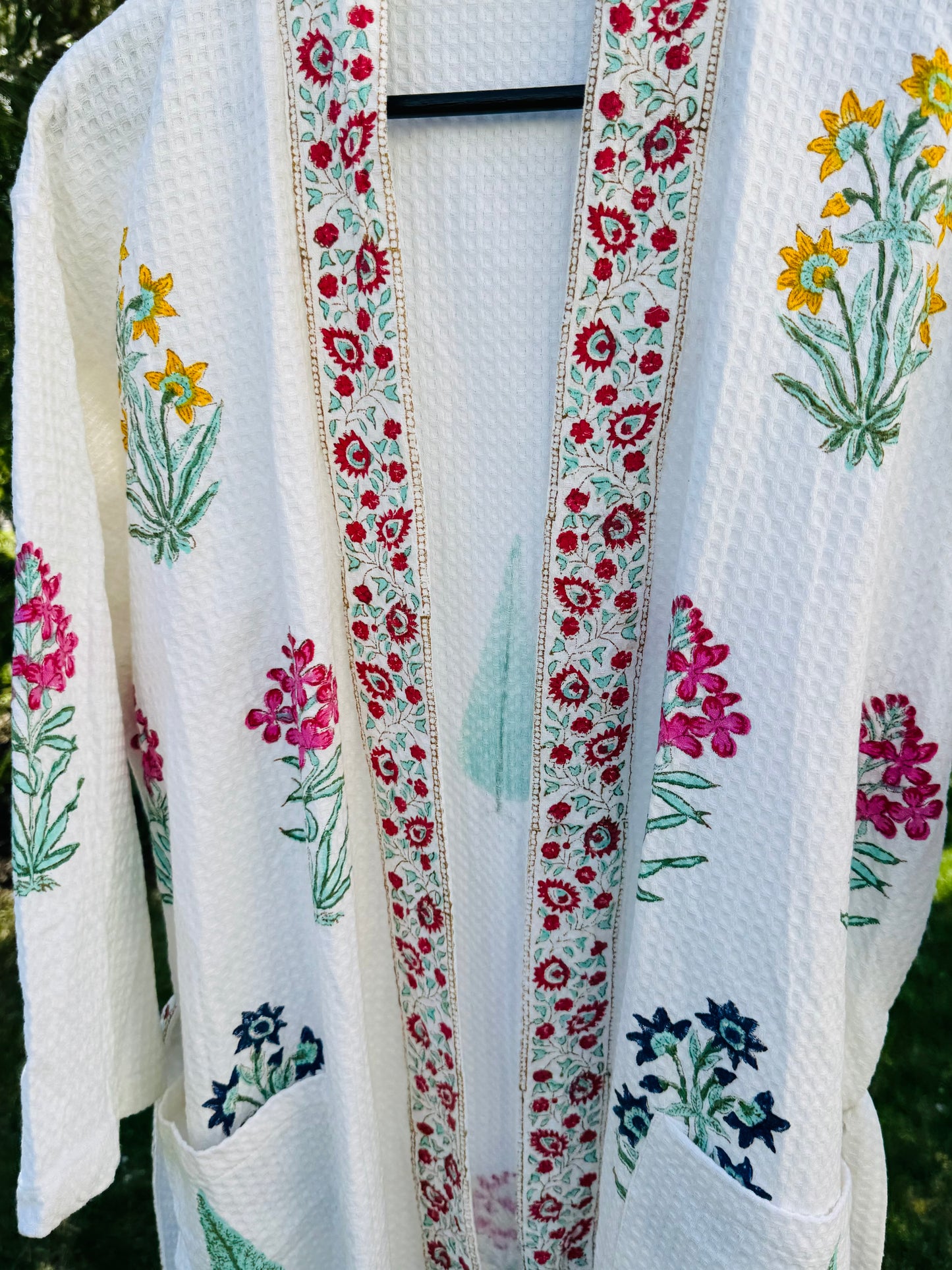 House of Mulmul - Cotton Bathrobe, Waffle weave robe with floral patterns.