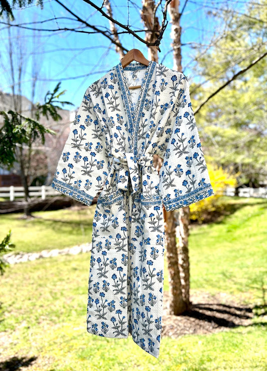 House of Mulmul - cotton bath robe. Floral patterned bathrobe with blue flowers.