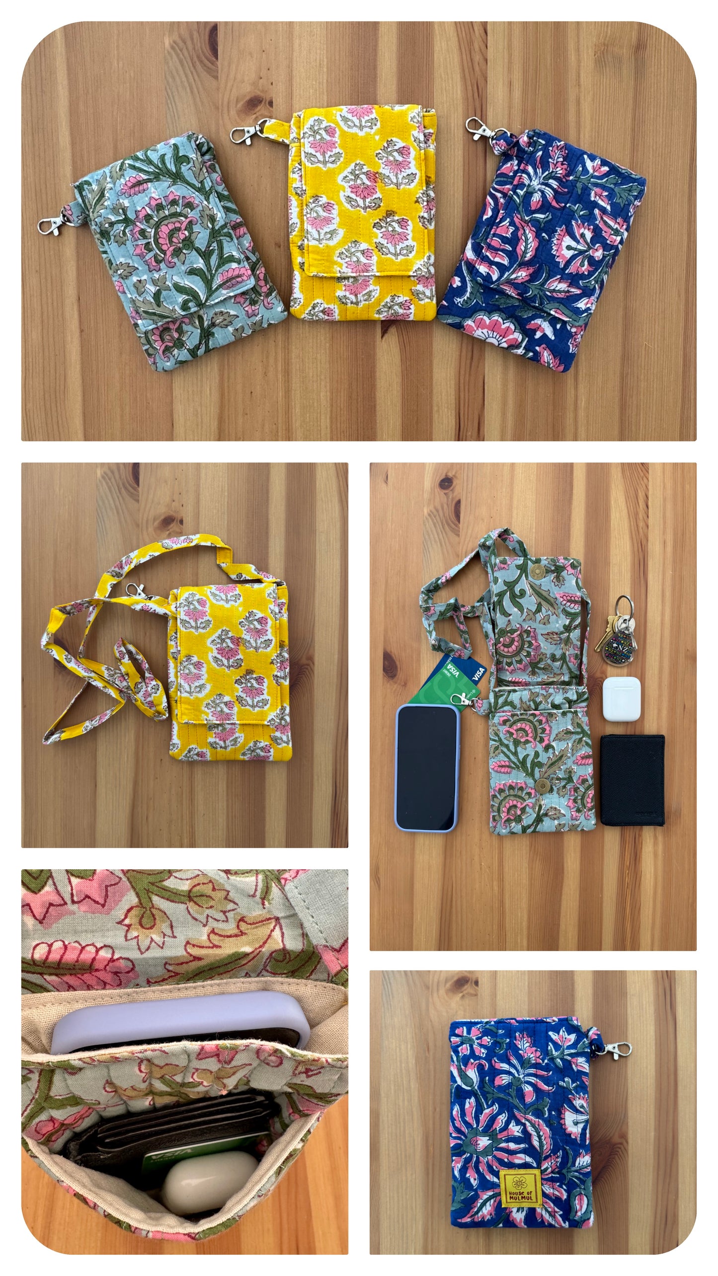 House of Mulmul - Blockprinted Crossbody Mobile Sling Bag. Set of floral mobile pouches and bags on a wooden surface