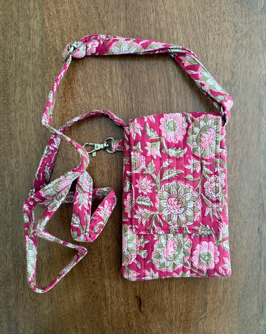 Ruby Blossom - Block Printed Cotton Mobile Sling Bag