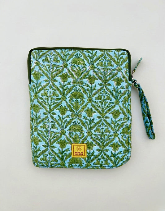 Blockprinted Cotton Quilted iPad/Tablet Sleeve Cover (Sage Meadow)