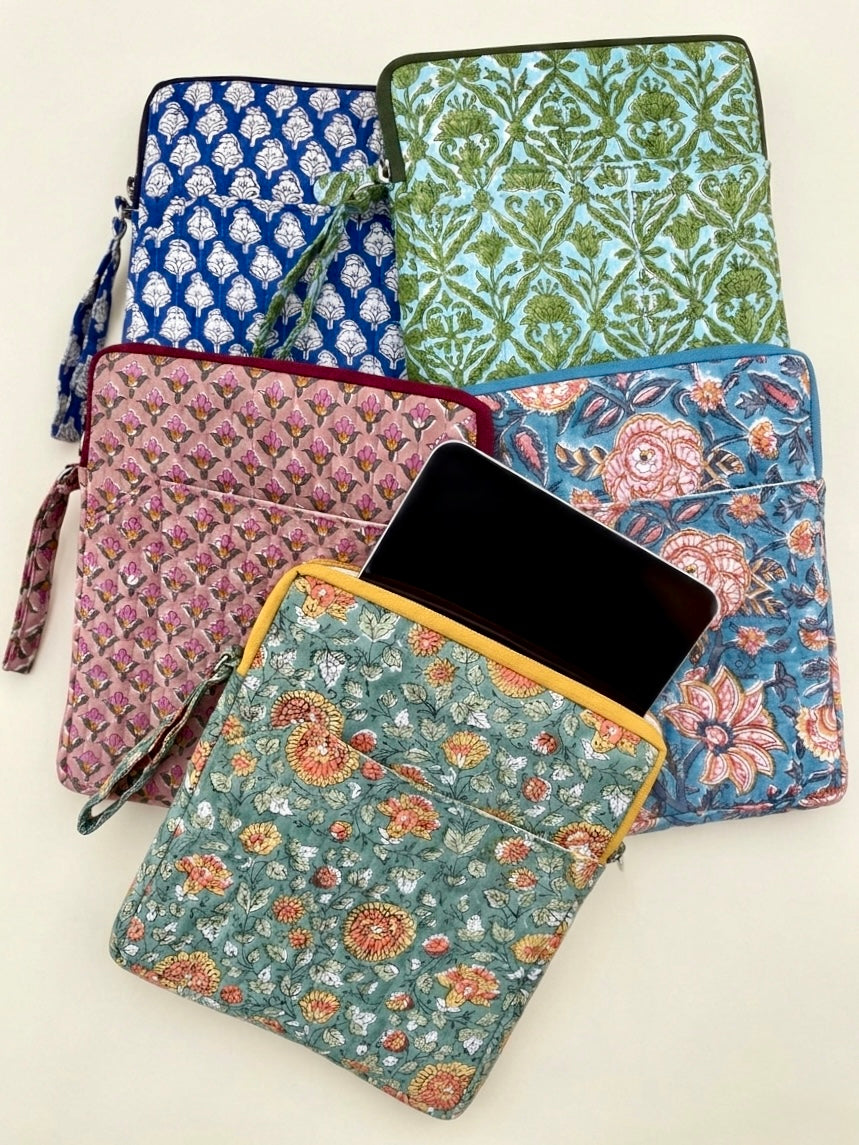 Blockprinted Cotton Quilted iPad/Tablet Sleeve Cover (Green Vine)