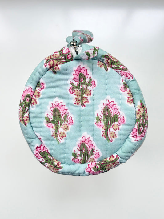 Teal Thistle - Blockprinted Quilted Cotton Round/Makeup/Stationery pouch - Aqua Pink