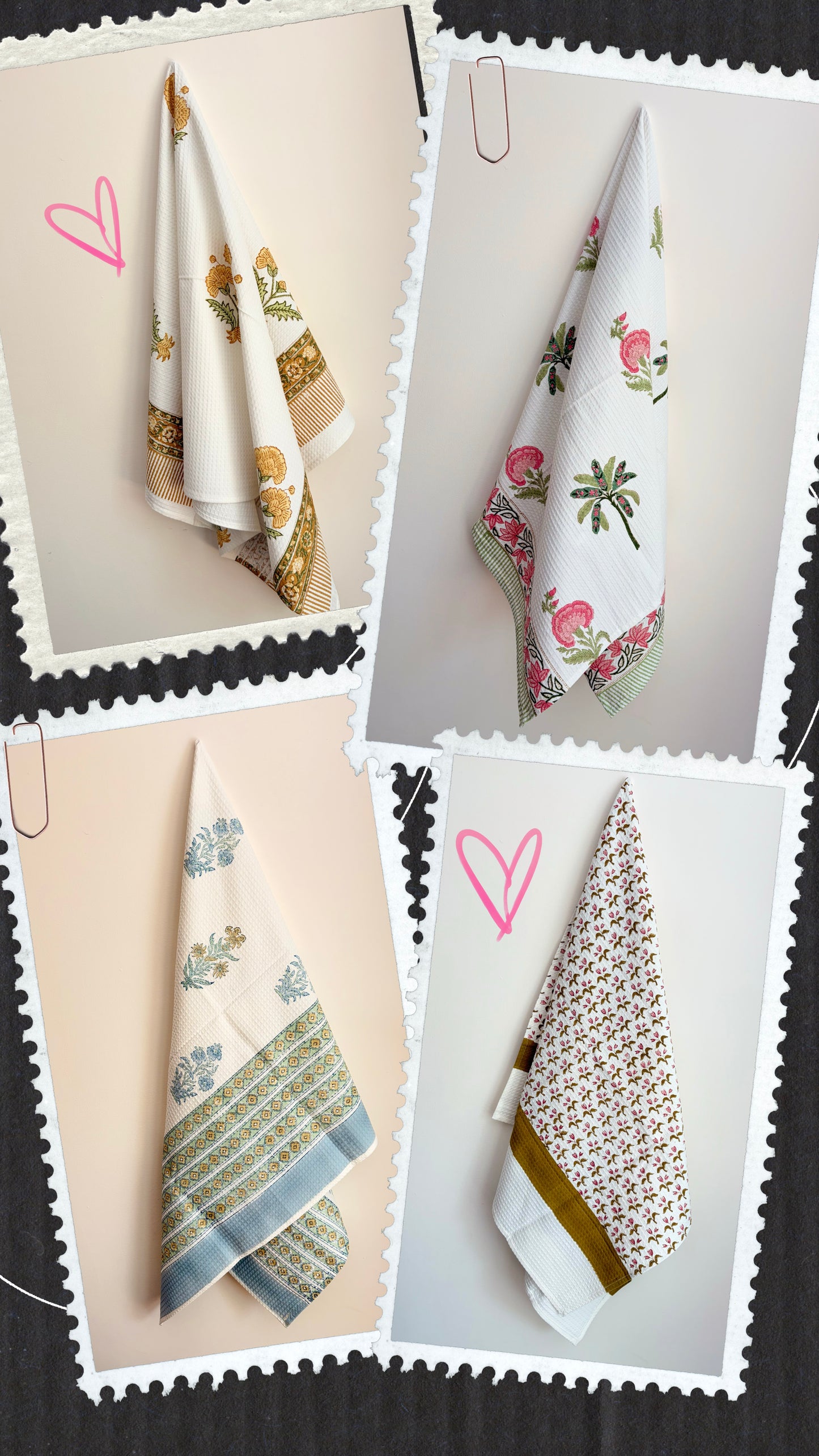 House of Mulmul - Cotton Bath Towel. Collage of patterned cotton towels swatches with heart symbols on a textured background
