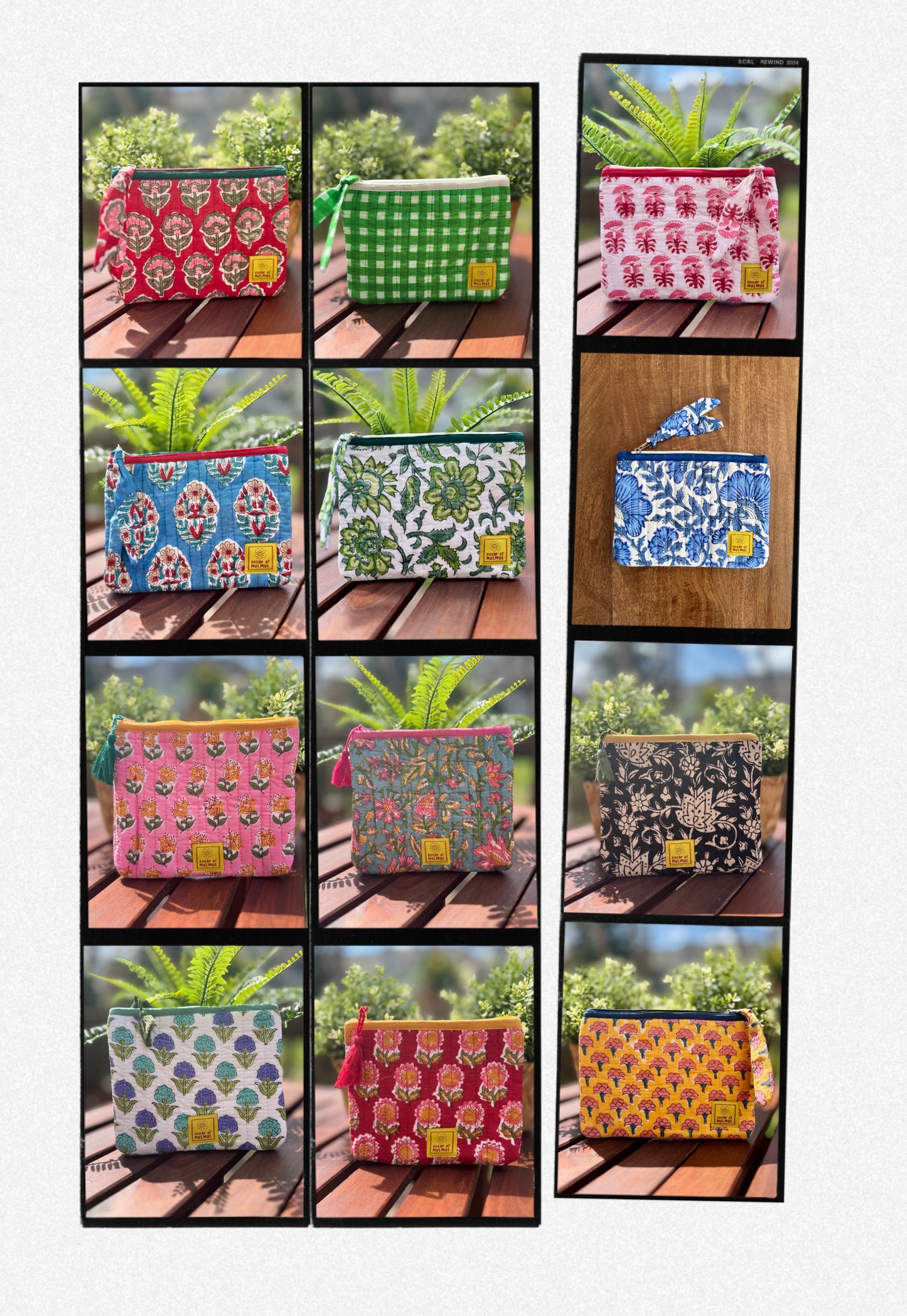 House of Mulmul - Quilted Flat Passport Pouch. Grid of colorful pouches with floral patterns on a wooden surface with greenery in the background.
