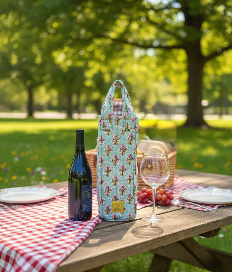 Blockprinted Quilted Wine Tote Bag (Teal Thistle)