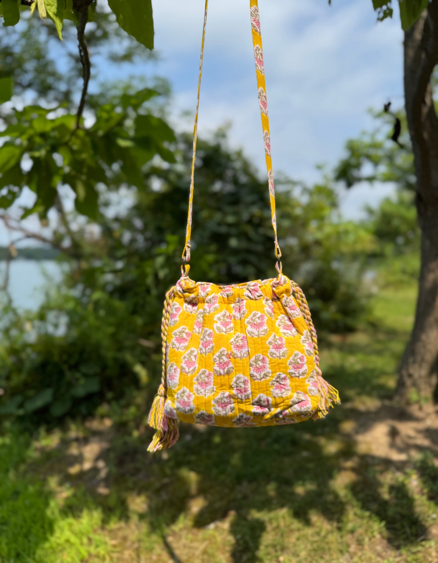 Block printed Garden Wayfarer Crossbody Bucket Bag (Yellow)