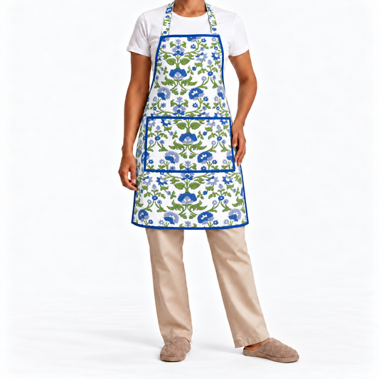House of Mulmul - Blockprint Cotton Apron. A person wearing a white apron with a blue and green floral pattern, styled over a white t-shirt, beige pants, and brown slippers against a plain white background.