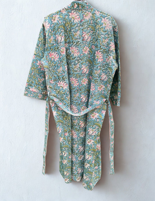 House of Mulmul - Blockprinted Cotton Bathrobe. Floral patterned robe on a white background