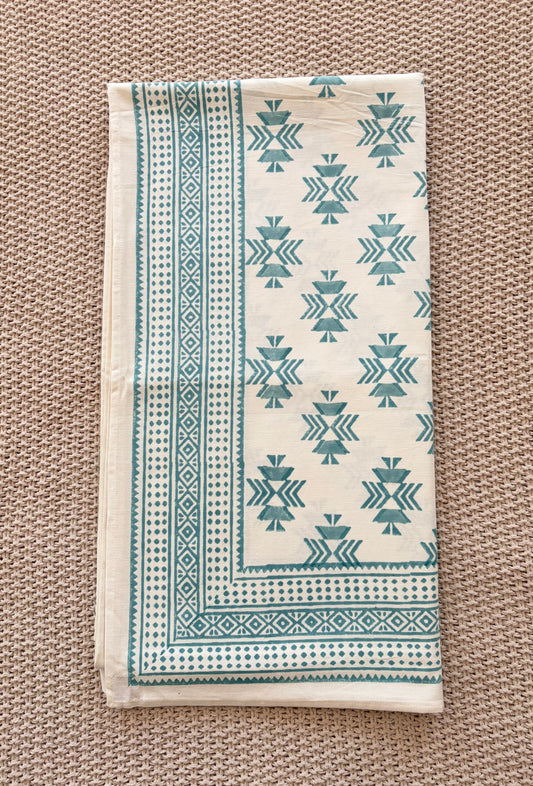 Alcott Frame Block Print Cotton Tablecloth - Blue White - 8 Seater - 60x108 inches
