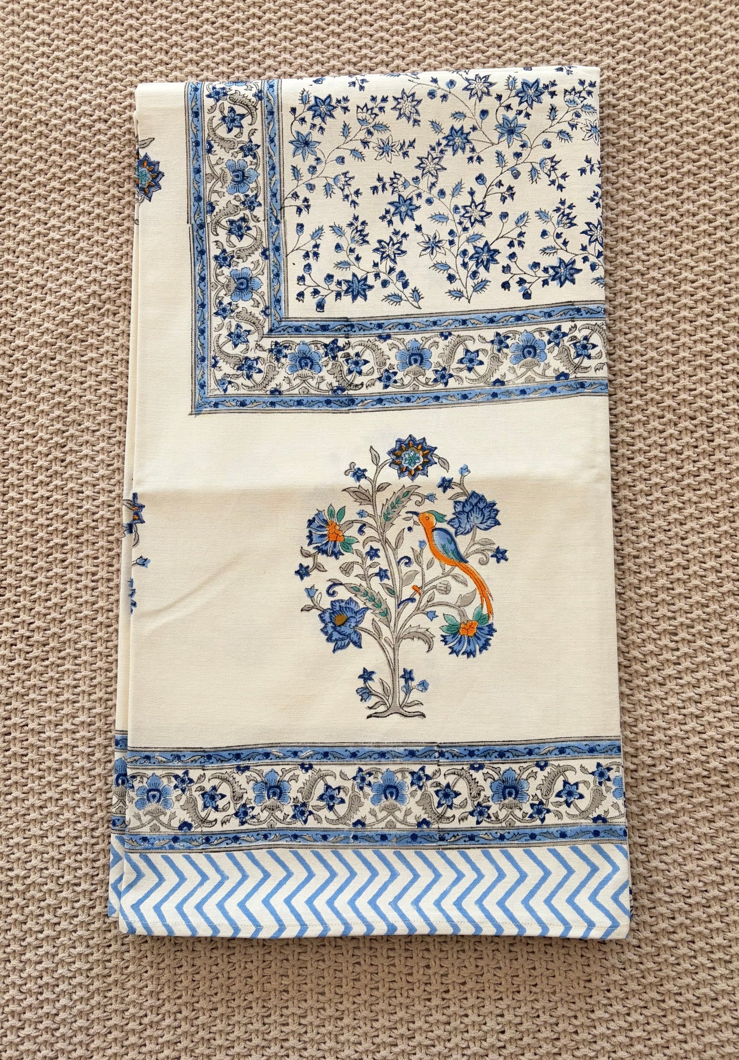 Sapphire Orchard Block Print Cotton Tablecloth - Blue White - 8 Seater - 60x108 inches