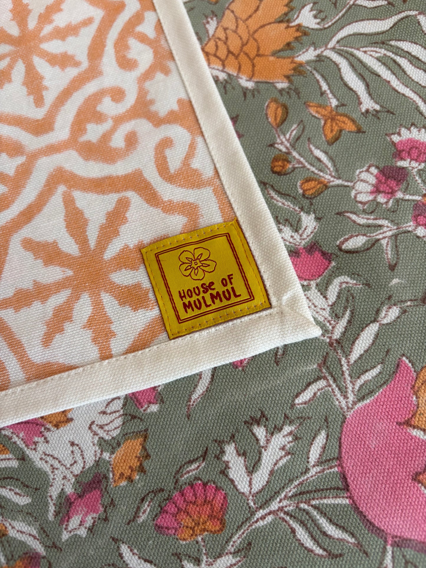 Zinnia Bazaar Block Print Cotton Tablecloth collection - Green Pink Orange - Multiple Sizes