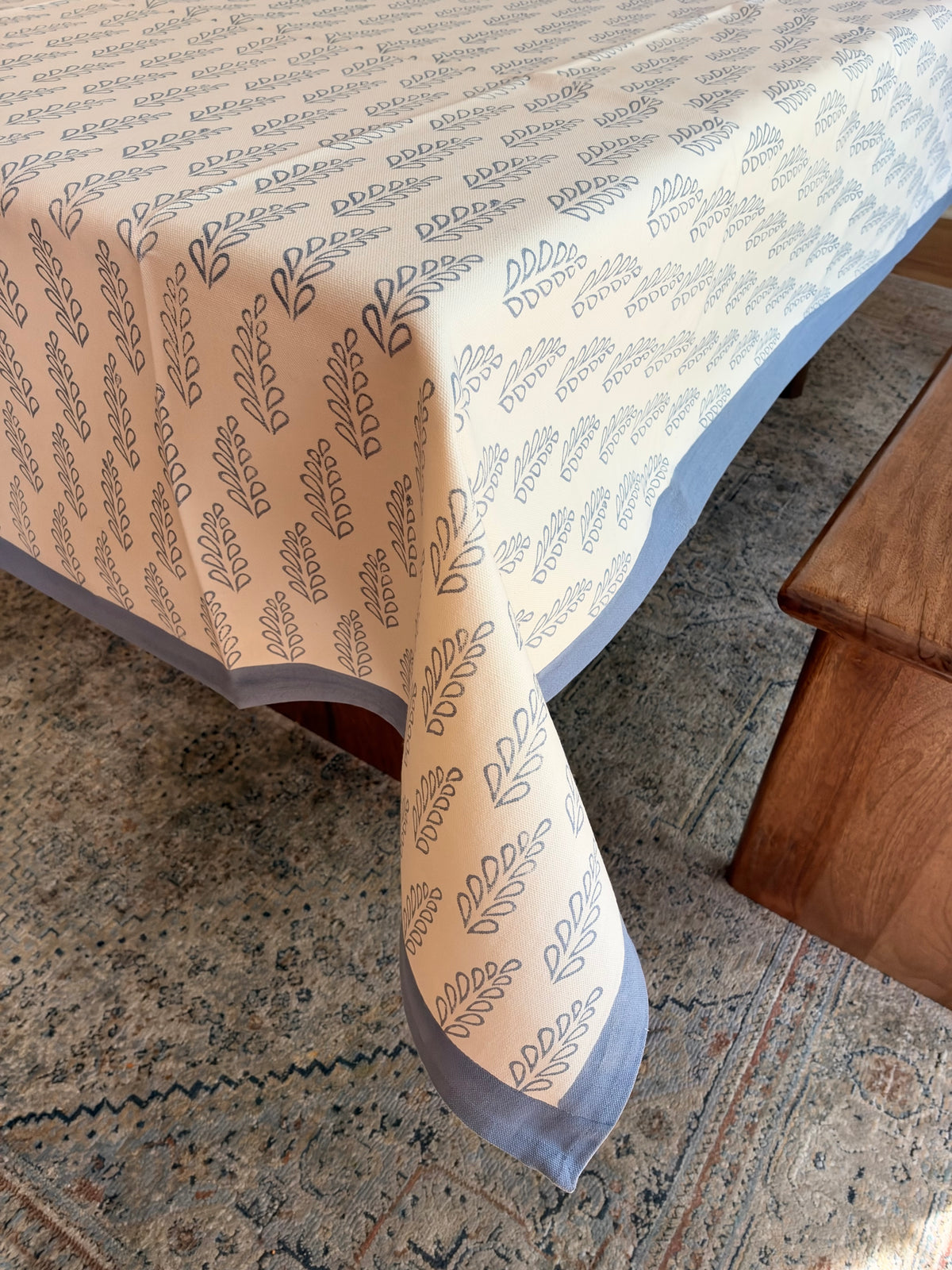 Aspen Leaf Block Print Cotton Tablecloth - Blue White - 6 Seater - 60x90 inches