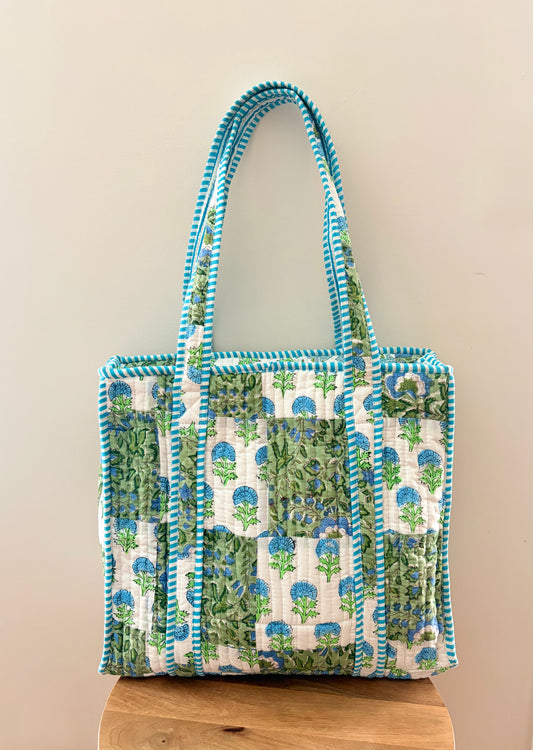 Sage & Sky Quilted Handblock Printed Cotton Patchwork Tote Bag - White Green Blue