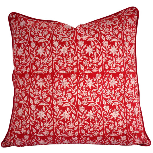 House of Mulmul - Blockprinted Cushion Covers-Pillow Cases. A square red throw pillow featuring an intricate white floral and vine pattern, shown against a plain white background.