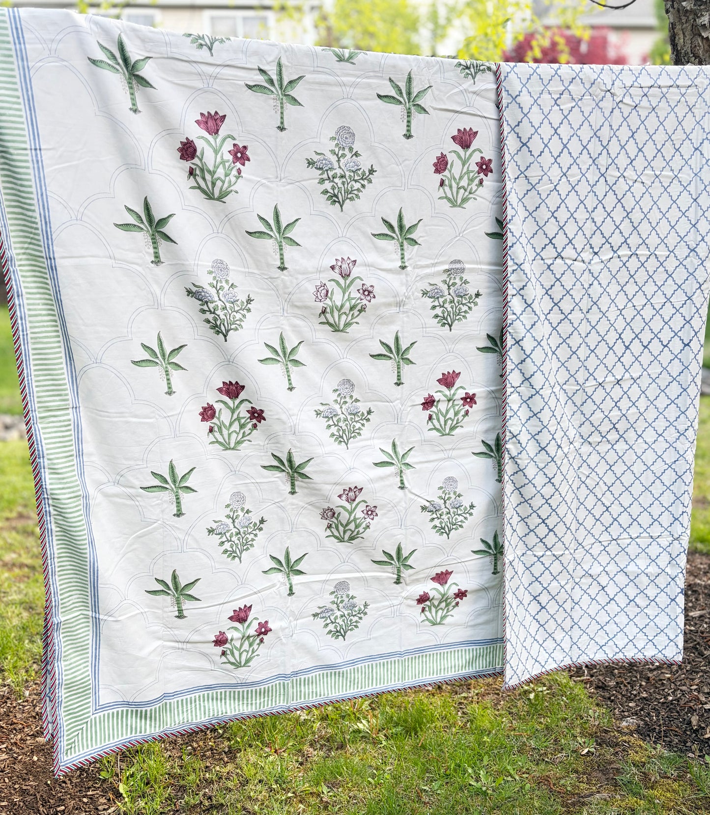 Emerald Vine Handblock printed Reversible Queen Cotton Coverlet (Dohar) Blanket