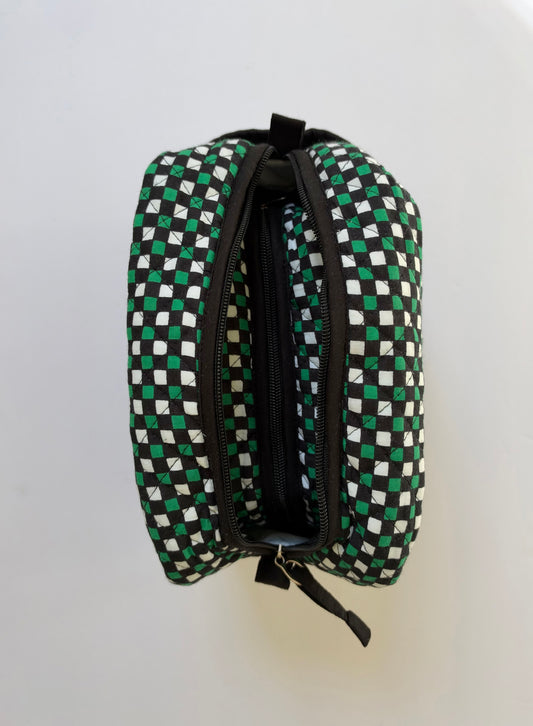 Winter Black Green Mosaic - Cotton Quilted Travel Makeup Utility Pouches (Set of 2)