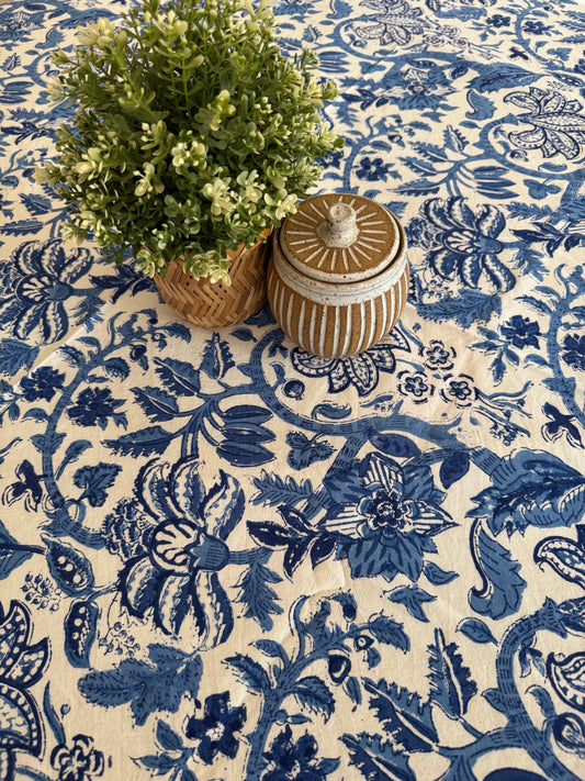 Block Print Cotton Table Cloth - Round (Sapphire Jaal)