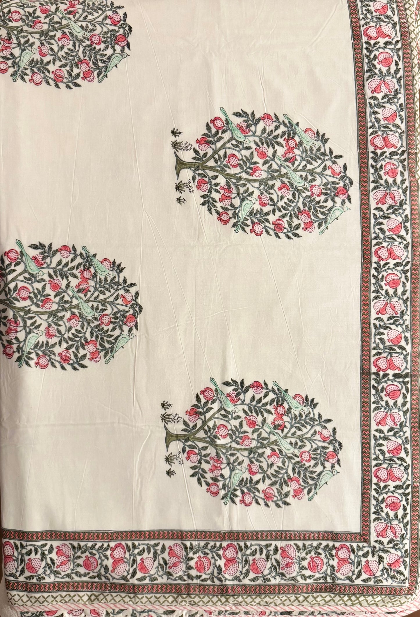 Pomegranate Tree Handblock printed Reversible Queen Cotton Coverlet (Dohar) Blanket