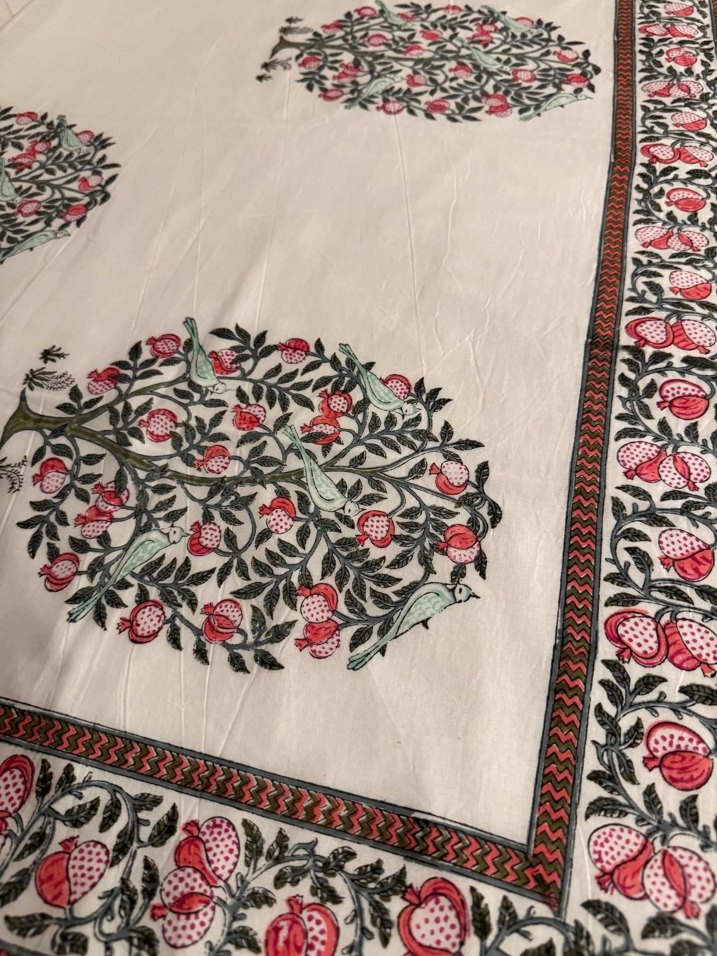 Pomegranate Tree Handblock printed Reversible Queen Cotton Coverlet (Dohar) Blanket
