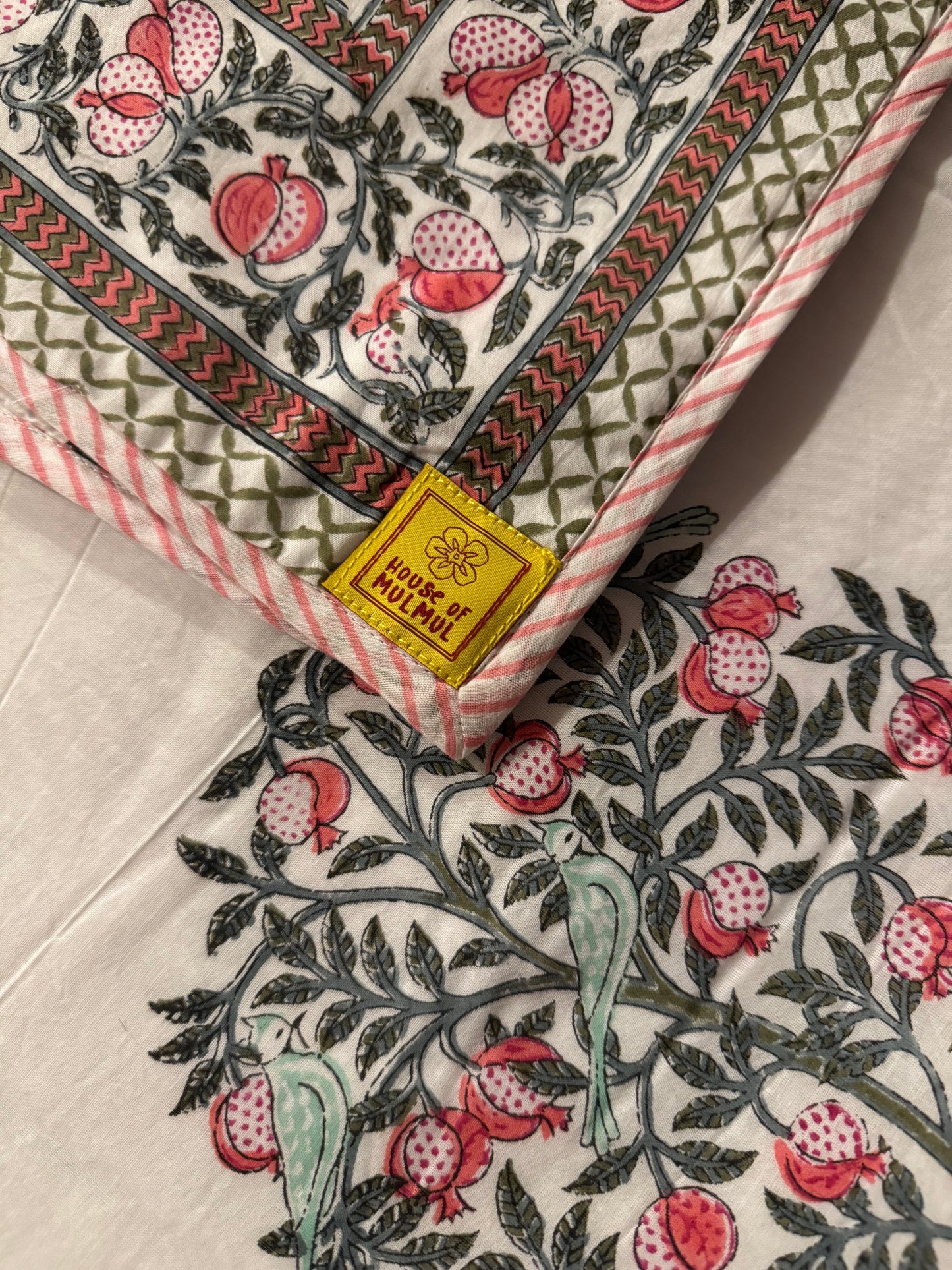 Pomegranate Tree Handblock printed Reversible Queen Cotton Coverlet (Dohar) Blanket