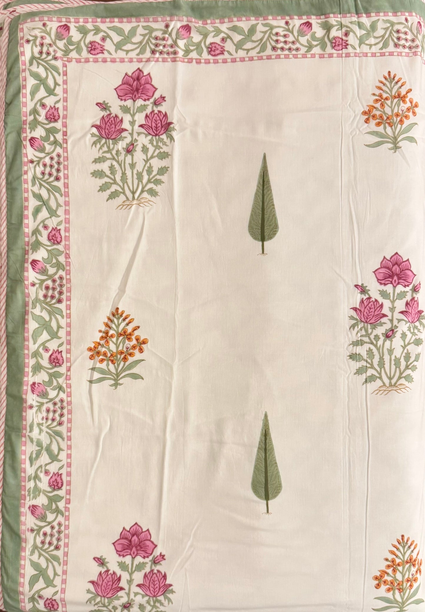 House of Mulmul - Coverlet Dohar, cotton blanket, muslin blanket, mulmul dohar. Decorative handblock printed fabric with floral and geometric patterns on a white background.