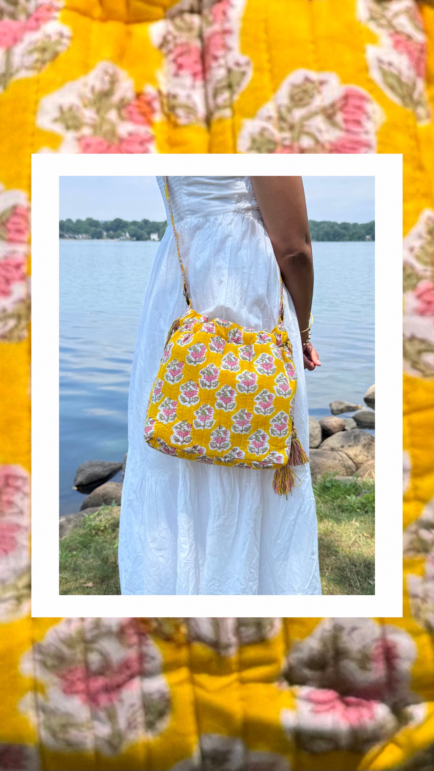Block printed Garden Wayfarer Crossbody Bucket Bag (Yellow)