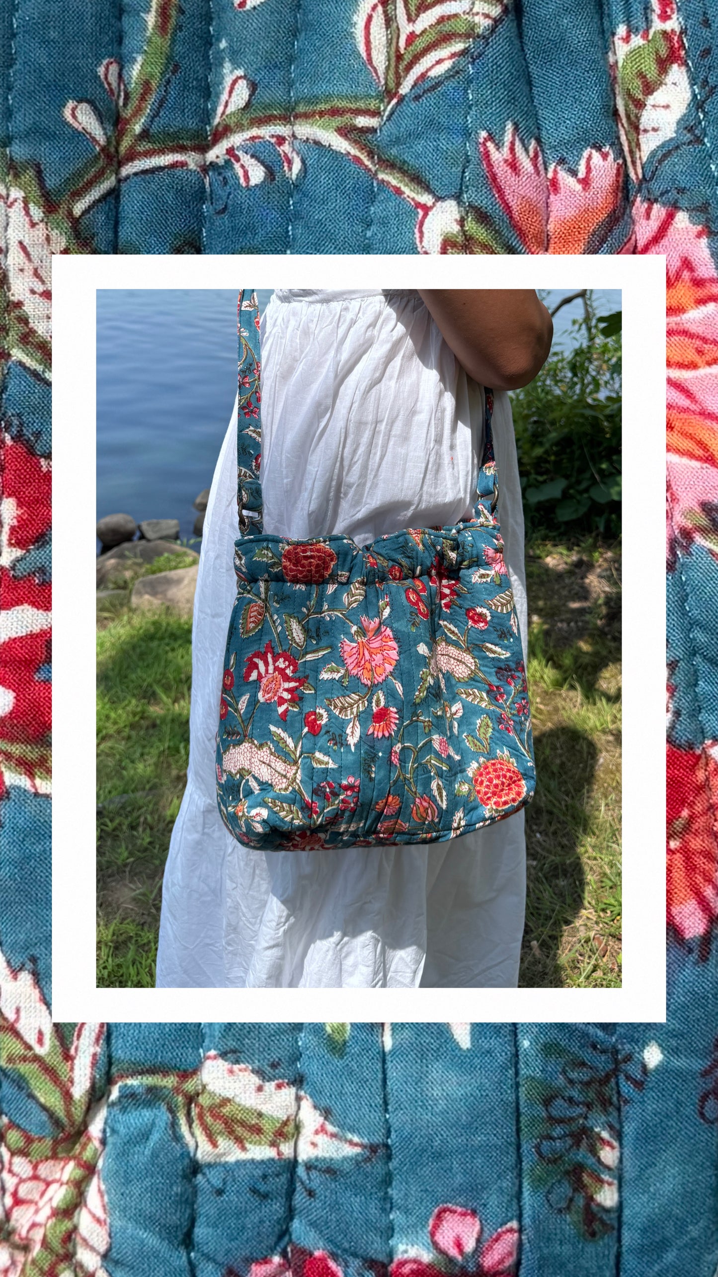 House of Mulmul - Garden Wayfarer Bucket Bag, Cotton bag, Crossbody sling bag. Floral-patterned handbag held by a person in a natural setting