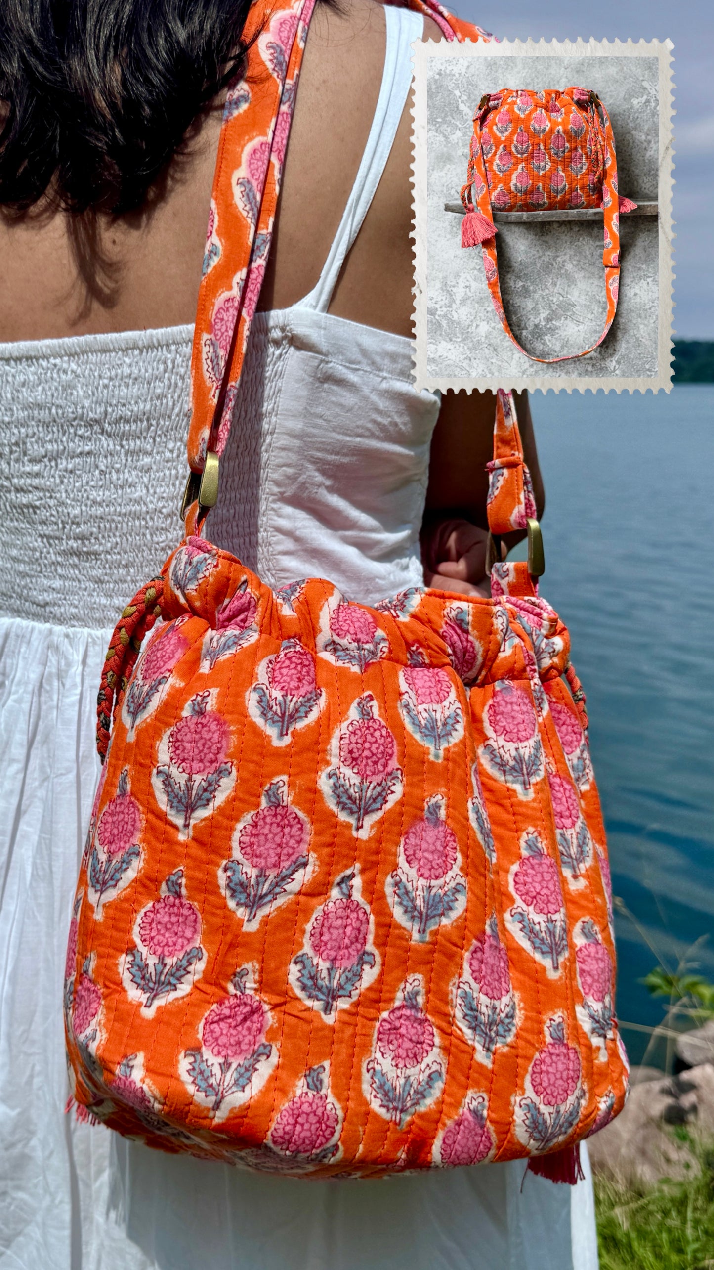 House of Mulmul - Garden Wayfarer Bucket Bag, Cotton bag, Crossbody sling bag. Person holding an orange patterned bag with a close-up inset, standing by a body of water.