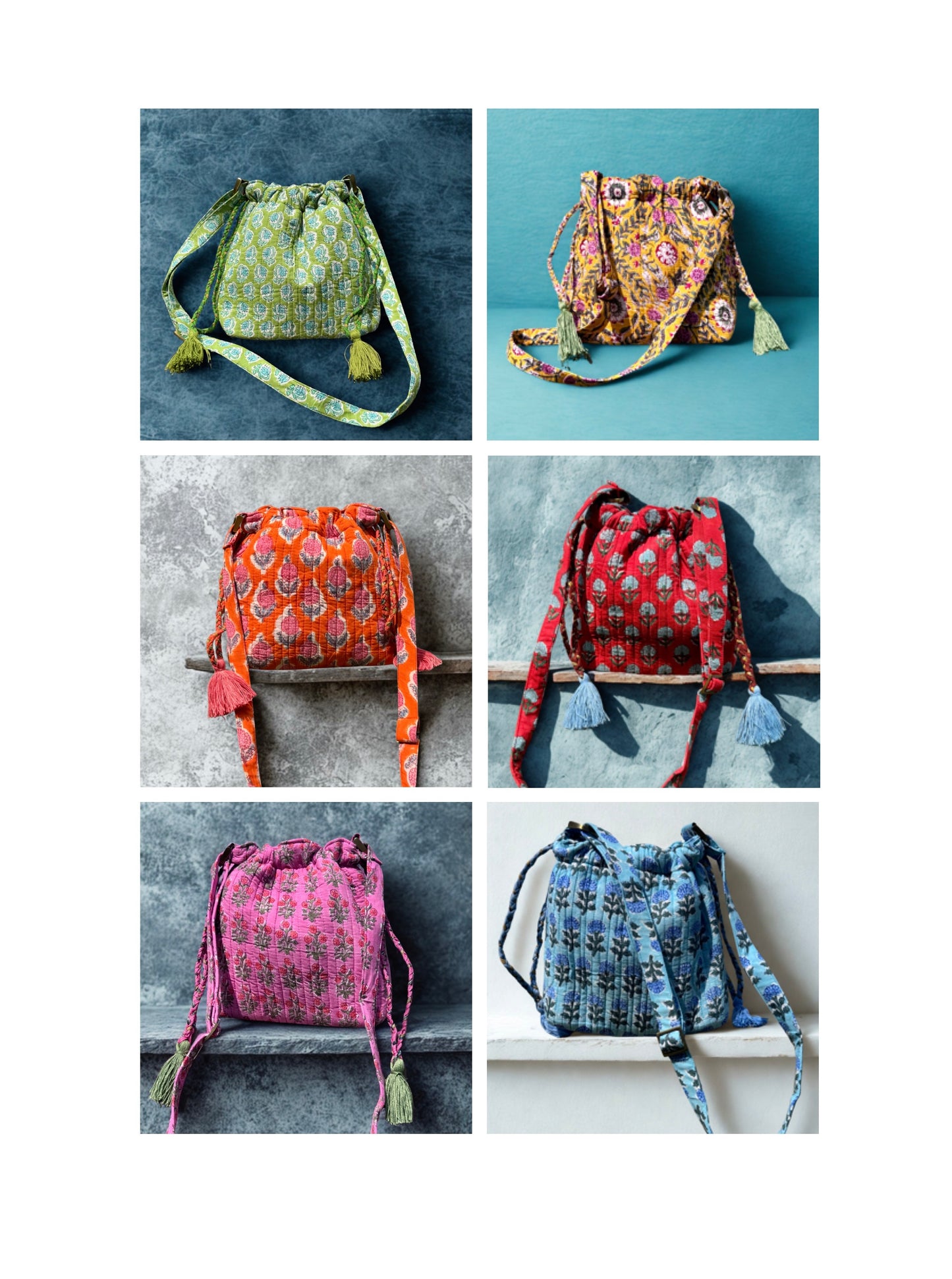 House of Mulmul - Garden Wayfarer Bucket Bag, Cotton bag, Crossbody sling bag. Collage of various colorful bags on a white background.