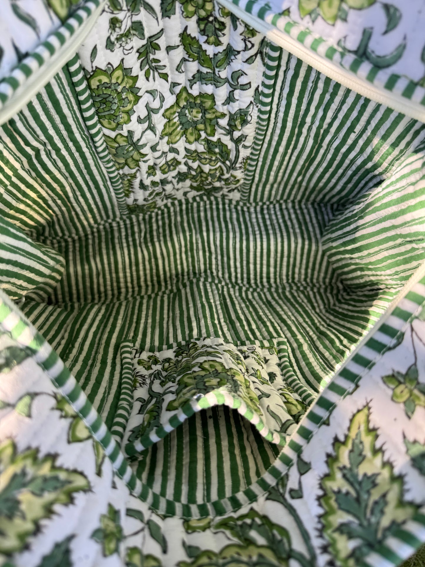 House of Mulmul - Cotton Tote Bag. Close-up of a green and white patterned fabric interior