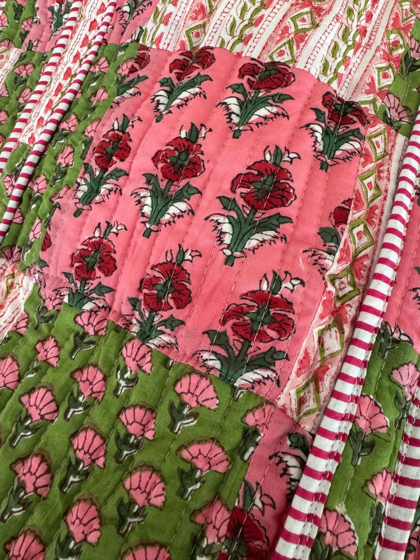 House of Mulmul - Cotton Tote Bag. Close-up of floral and striped fabric patterns