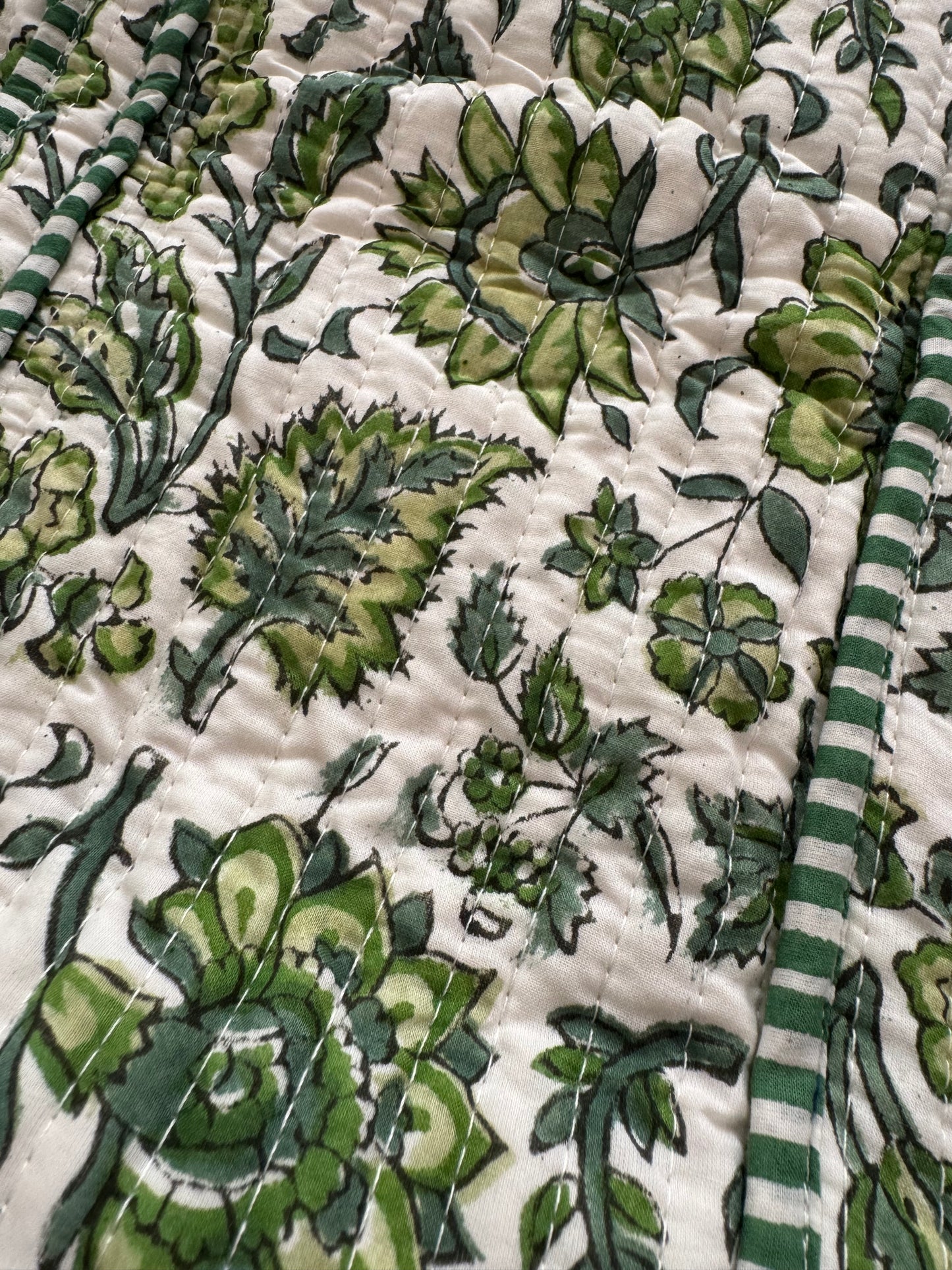 House of Mulmul - Cotton Tote Bag. Close-up of green floral and leaf pattern fabric