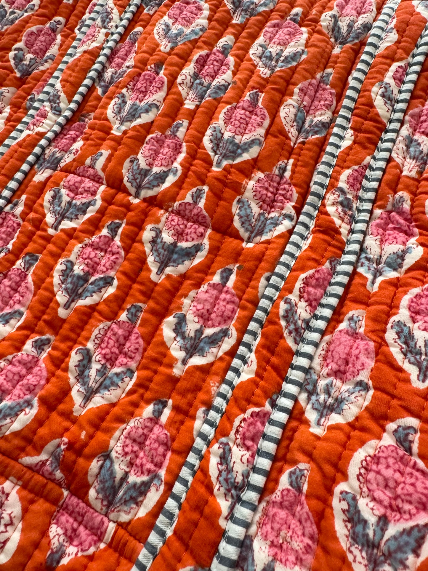 House of Mulmul - Cotton Tote Bag. Quilt with floral pattern on an orange background
