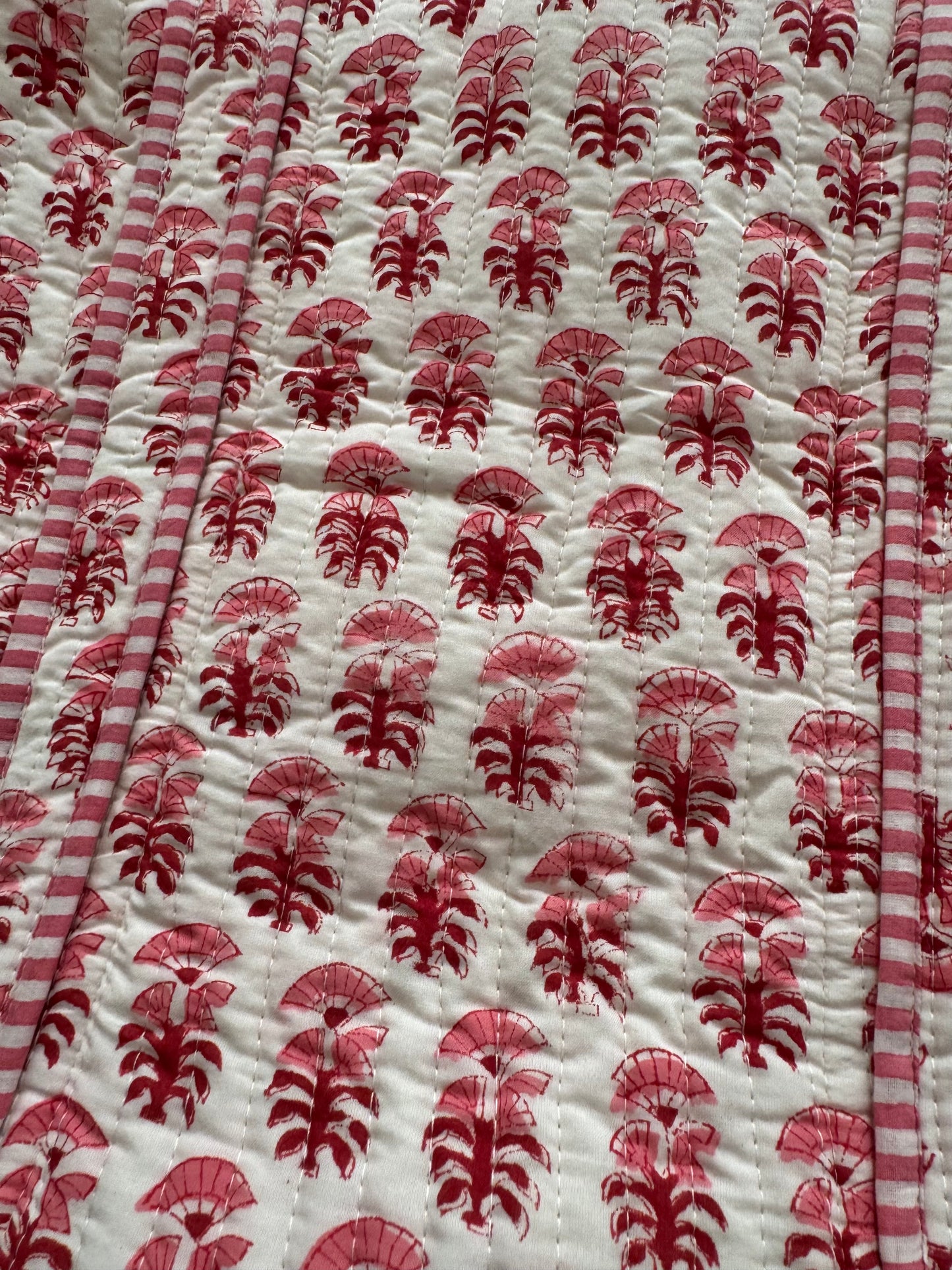 House of Mulmul - Cotton Tote Bag. Pink Red floral pattern on a white fabric with red stripes