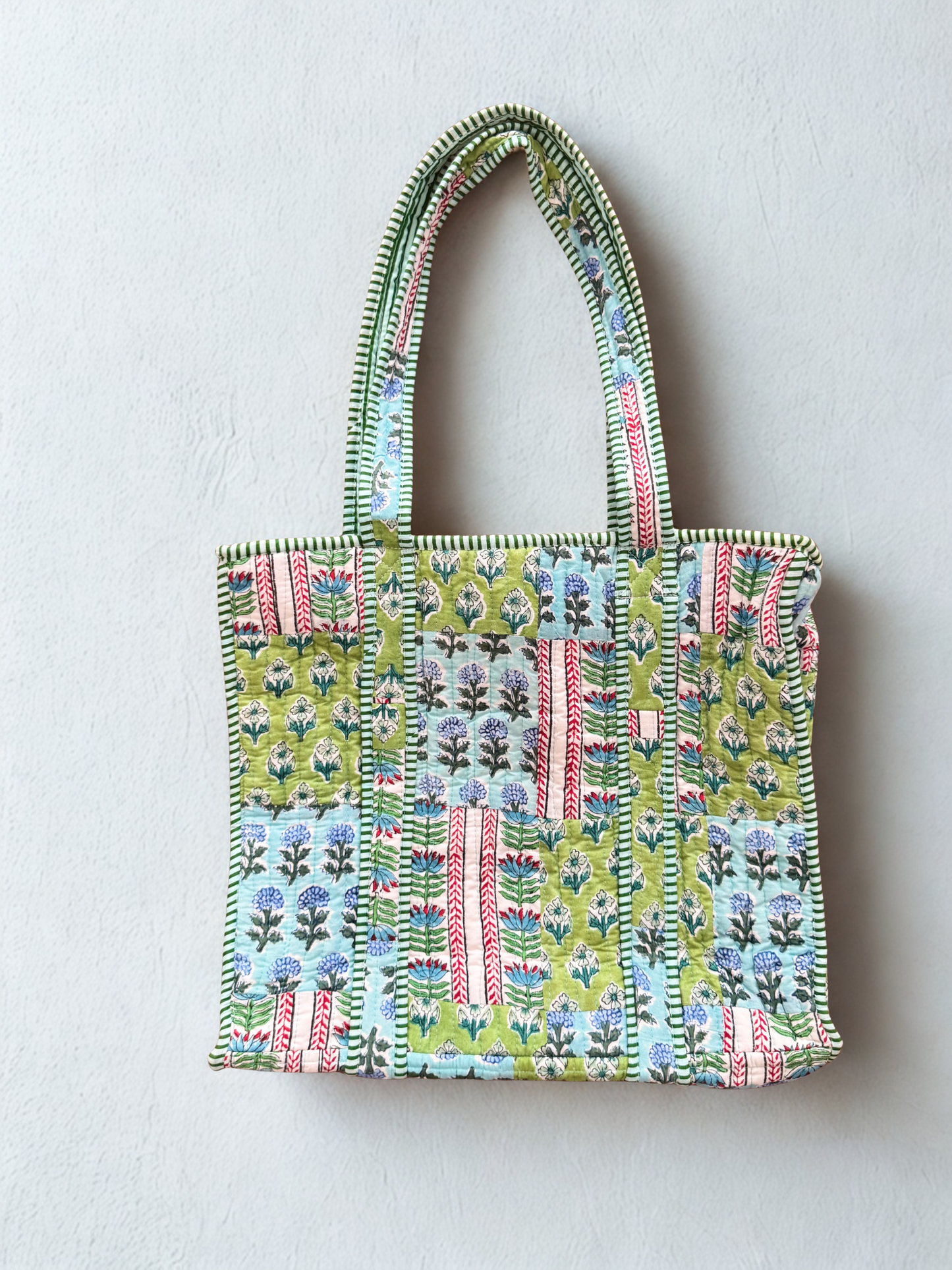House of Mulmul - Cotton Tote Bag. Patterned tote bag on a light gray background
