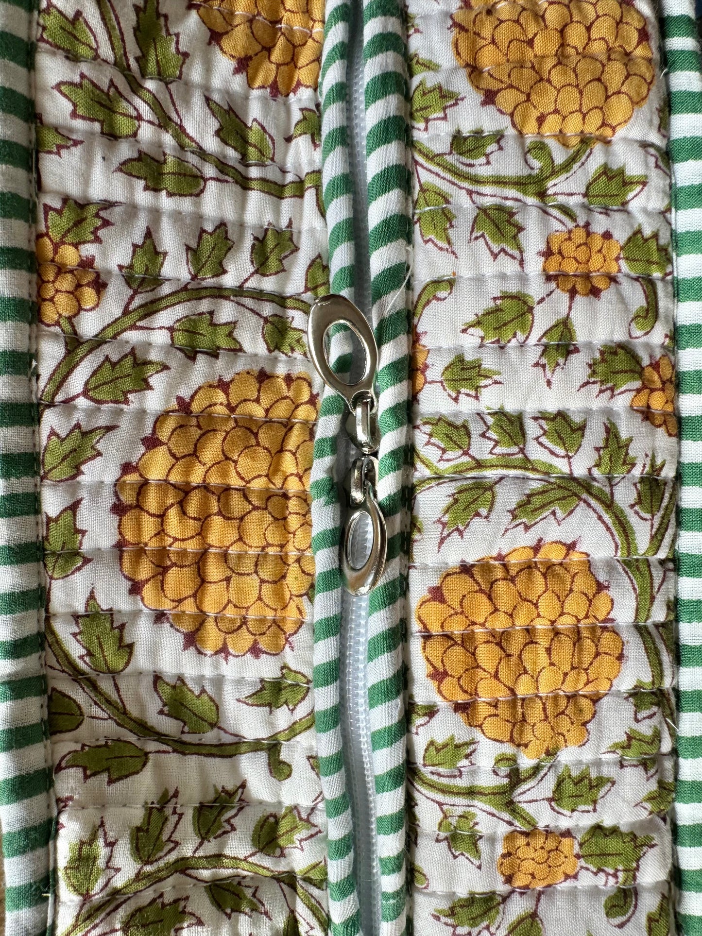 House of Mulmul - Cotton Tote Bag, Travel Bag. Floral-patterned fabric with a zipper and green stripes