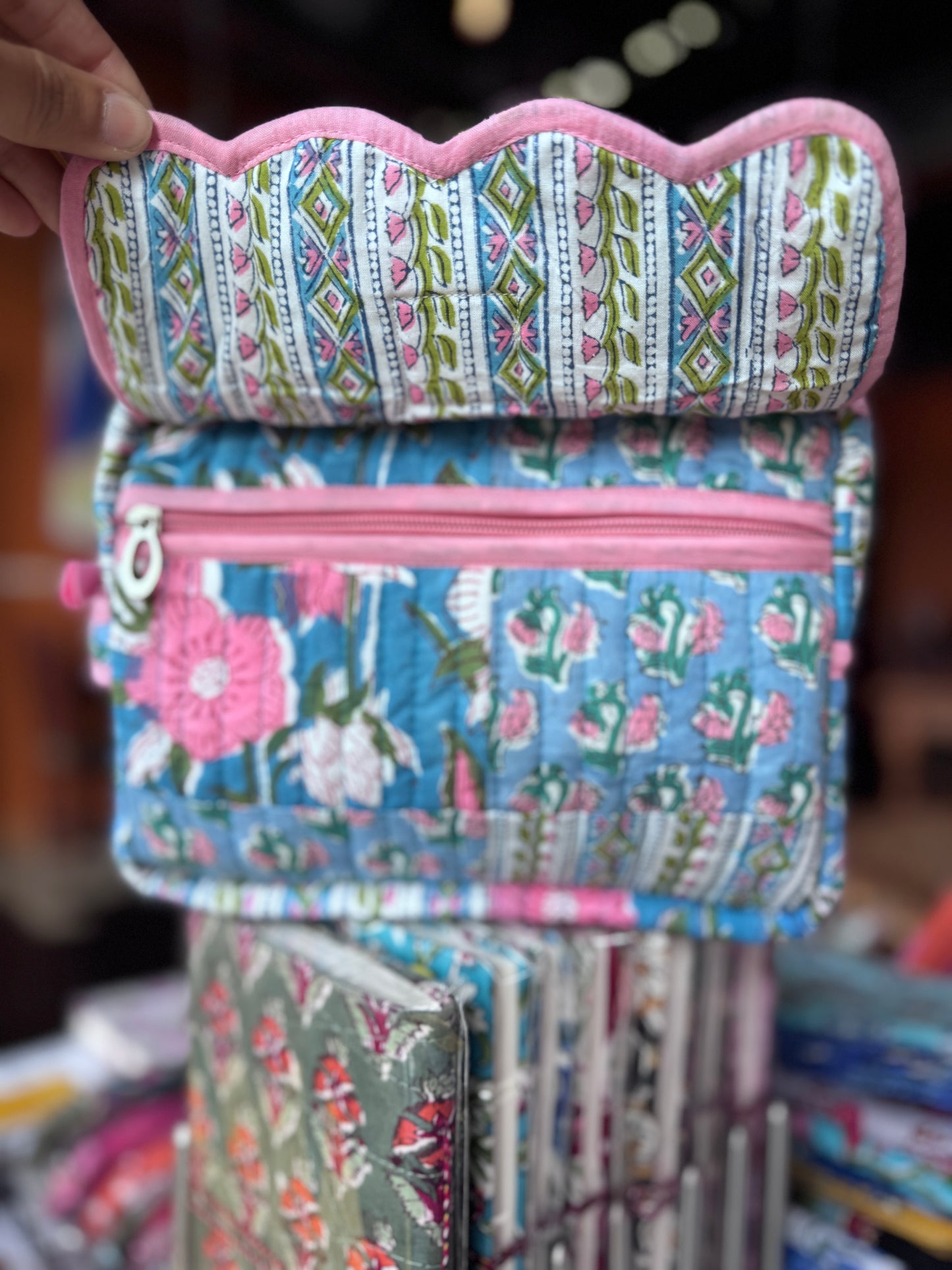 Block print Travel Makeup Pouch (Patchwork - Single Large) #C25A