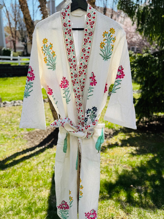 House of Mulmul - Cotton Bathrobe, Waffle weave robe with floral patterns.