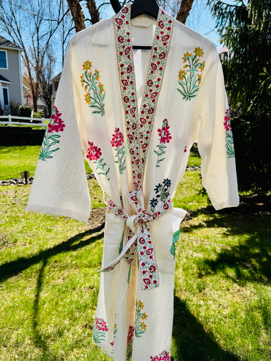 House of Mulmul - Cotton Bathrobe, Waffle weave robe with floral patterns.
