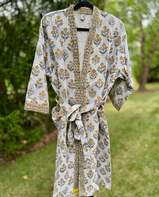 House of Mulmul - cotton bath robe. Floral gray patterned robe with yellow flowers on a green background.