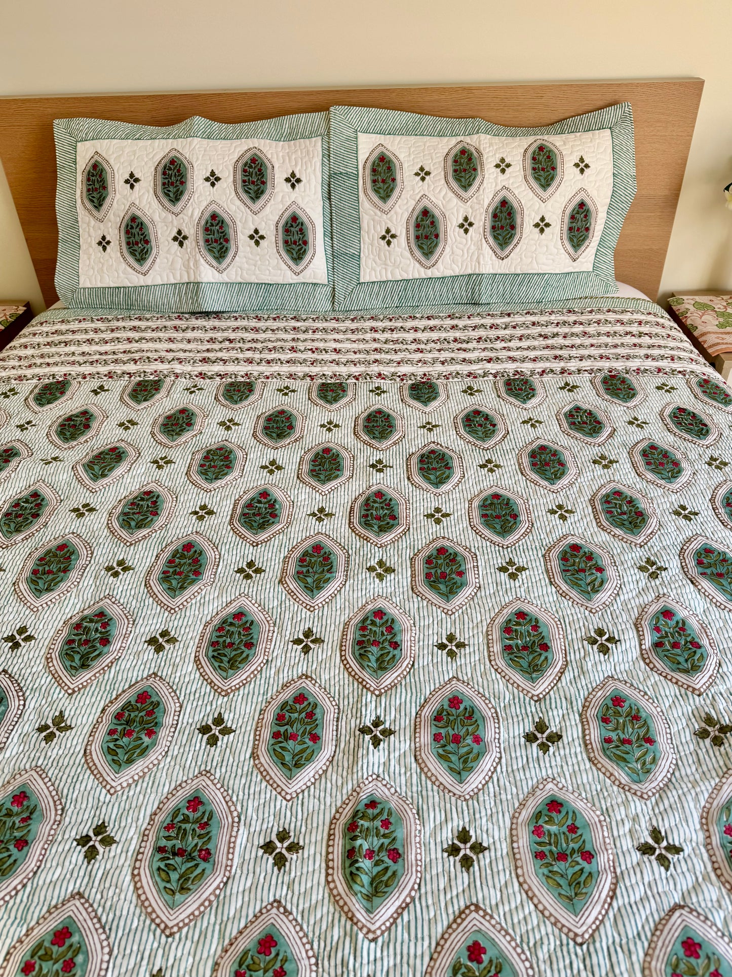 House of Mulmul - Blockprinted Cotton Bedcover. Reversible Bedspread. Decorative quilt with geometric pattern on a bed