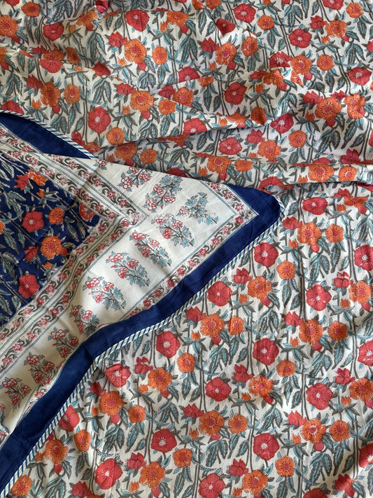 House of Mulmul - Handblock printed cotton summer quilt. Cotton coverlet. Cotton dohar. Muslin blanket. Indian summer quilt. Indian dohar.