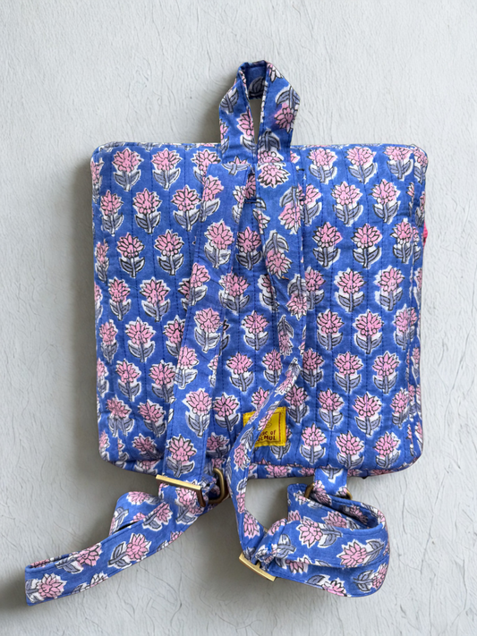 Block printed Backpack (C24B) - Indigo Bloom