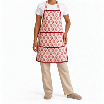 House of Mulmul - Blockprint Cotton Apron. A person wearing a white apron with a red repeating floral pattern and red trim, over a white T-shirt and beige pants, against a plain white studio background.