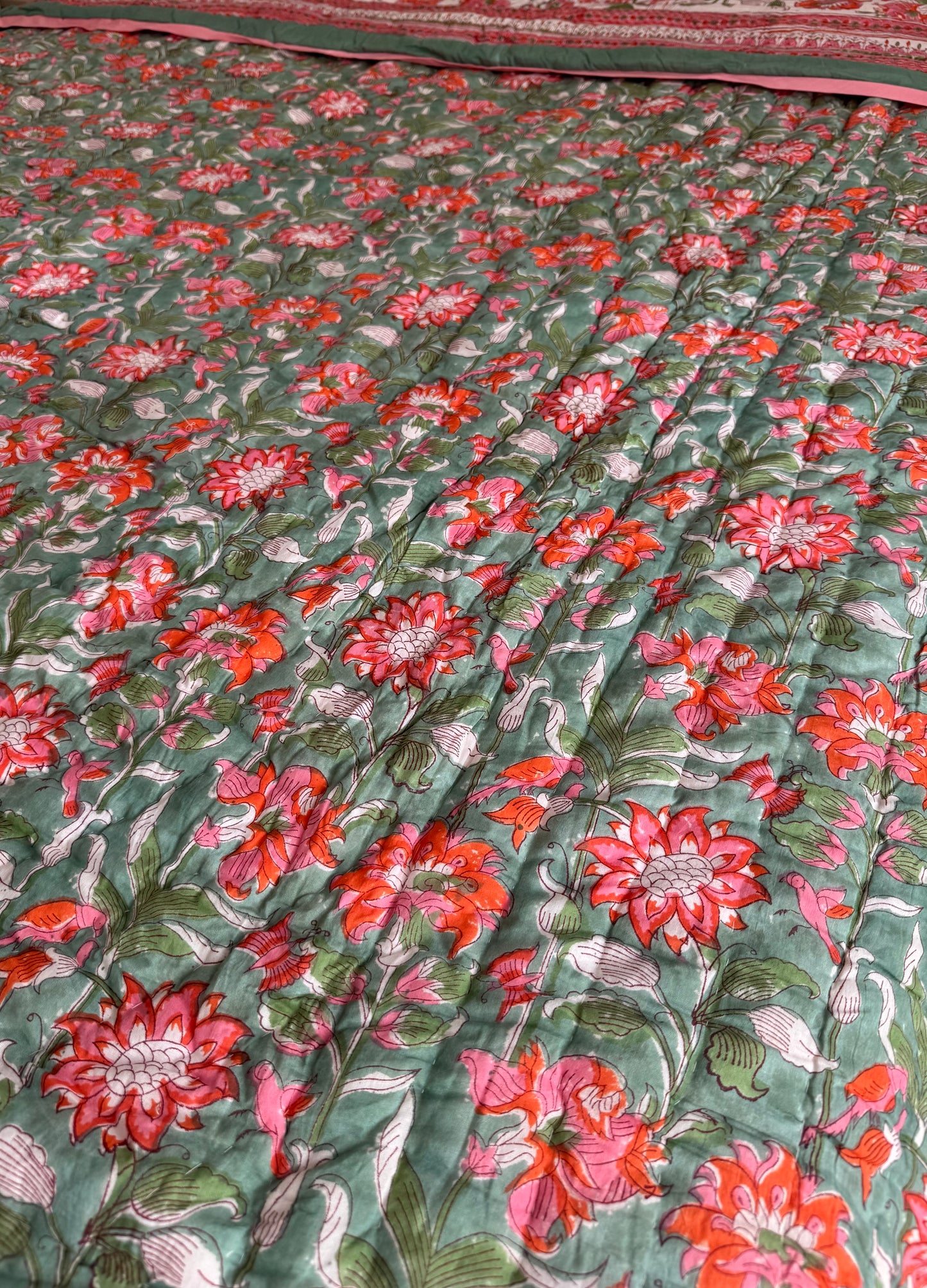 Anjum Sage and Beige Reversible All Season Quilt (Handblock printed)