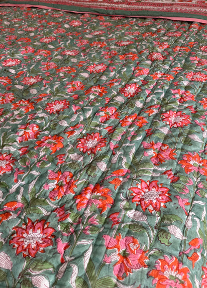 Anjum Sage and Beige Reversible All Season Quilt (Handblock printed)