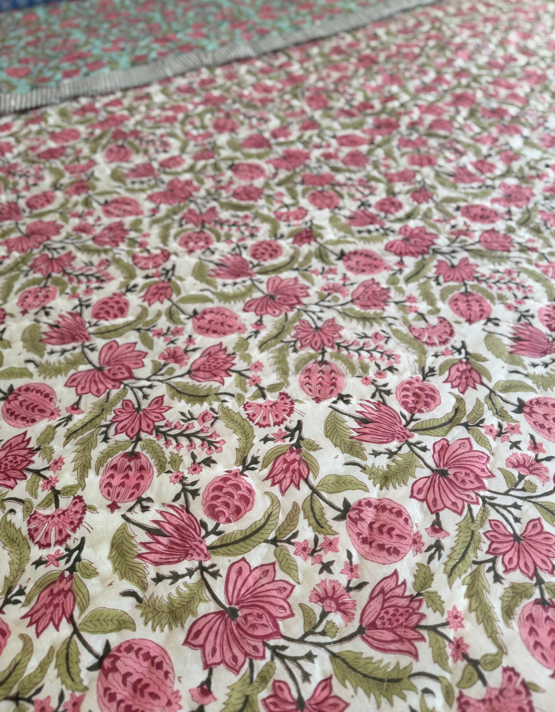 House of Mulmul - Blockprinted Cotton Quilt. Reversible Quilt. Bedroom with floral hand blockprinted bedspread cotton quilt, pillows